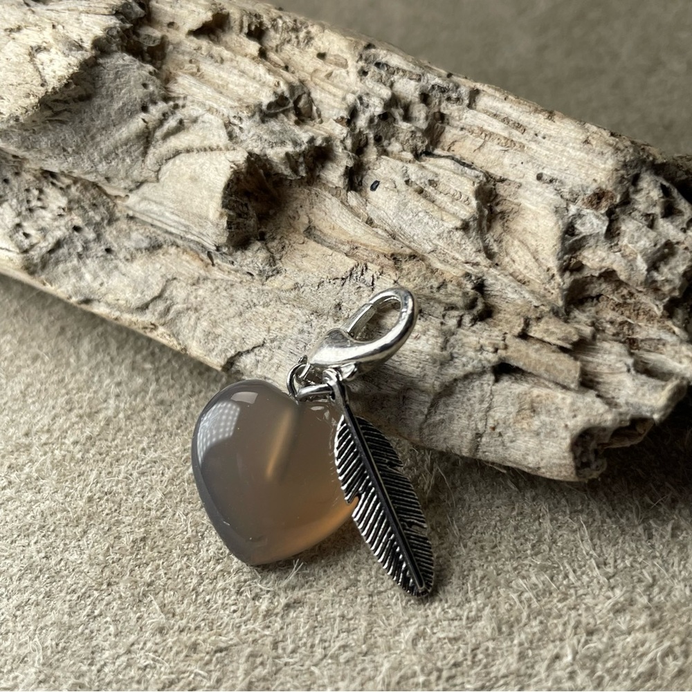 Smokey Quartz Heart Pet Collar Charm With Small Antique Silver Feather Charm - Picture 9 of 12